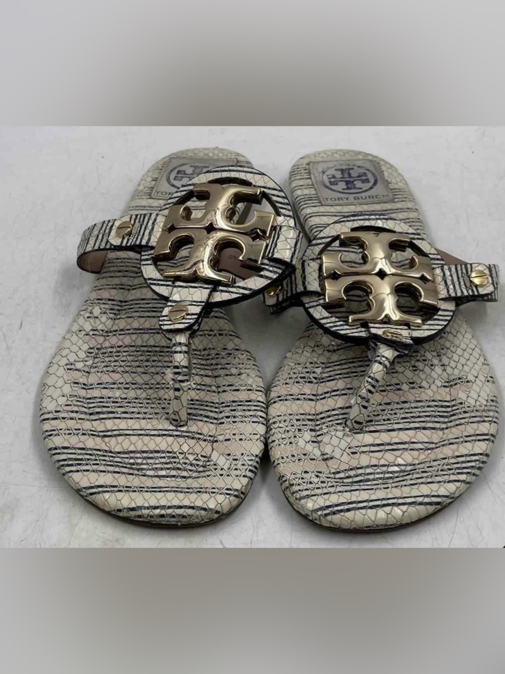 Authentic Tory Burch Womens Miller White Blue Flat Thong Sandals Size 6.5 M Worn